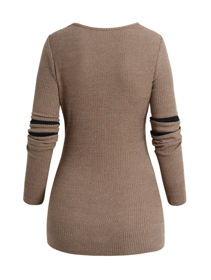 Cowl Neck Contrast Panel Lace Up Knit Top