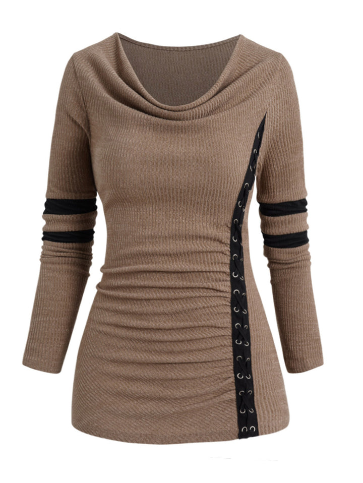 Cowl Neck Contrast Panel Lace Up Knit Top