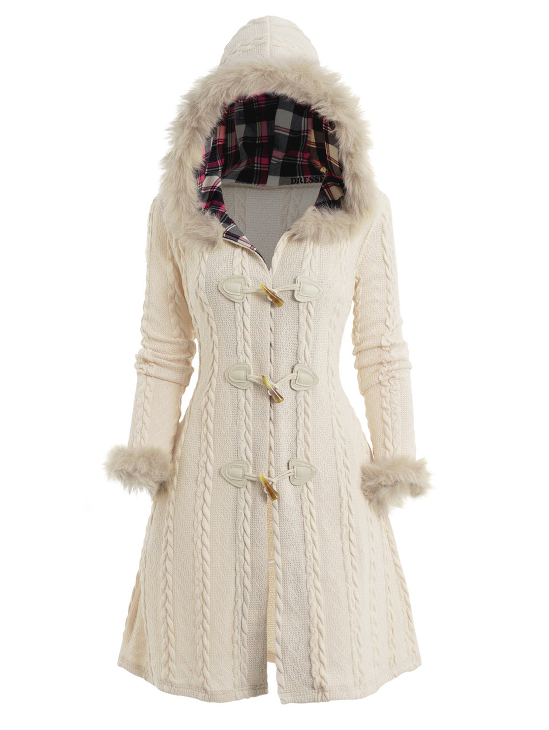 Cable Knit Plaid Horn Button Faux Fur Hooded Coat