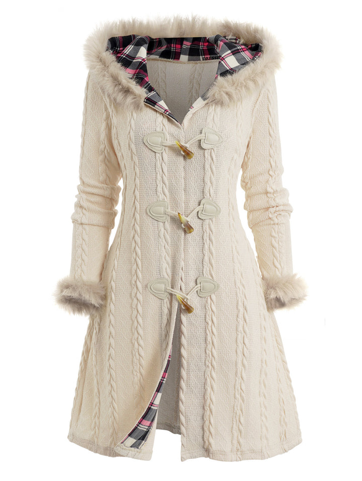 Cable Knit Plaid Horn Button Faux Fur Hooded Coat