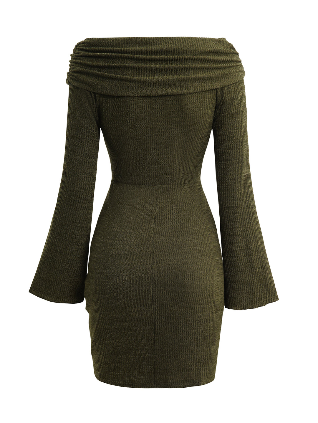 Off The Shoulder Foldover Ruched Cinched Bell Sleeve Textured Bodycon Dress