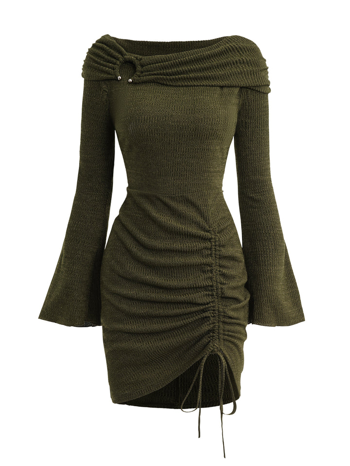 Off The Shoulder Foldover Ruched Cinched Bell Sleeve Textured Bodycon Dress