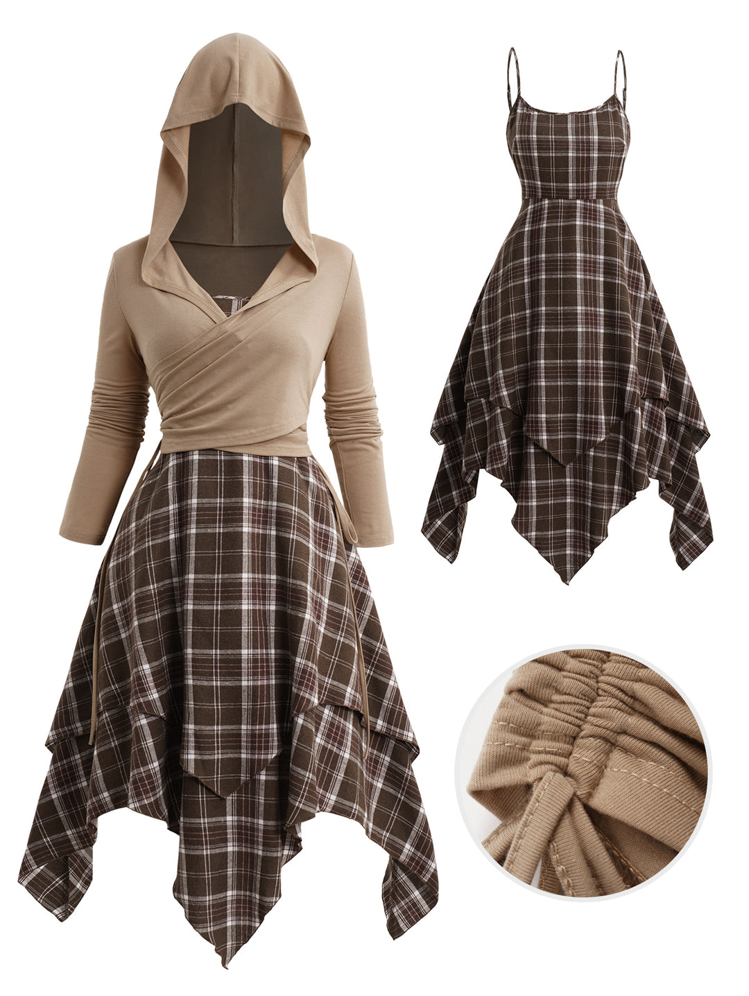 Plaid Print Layered Handkerchief Cami Dress And Cinched Surplice Hooded T-Shirt Outfit