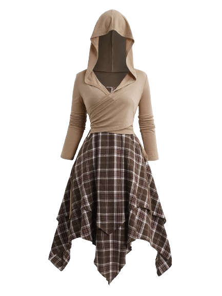 Plaid Print Layered Handkerchief Cami Dress And Cinched Surplice Hooded T-Shirt Outfit