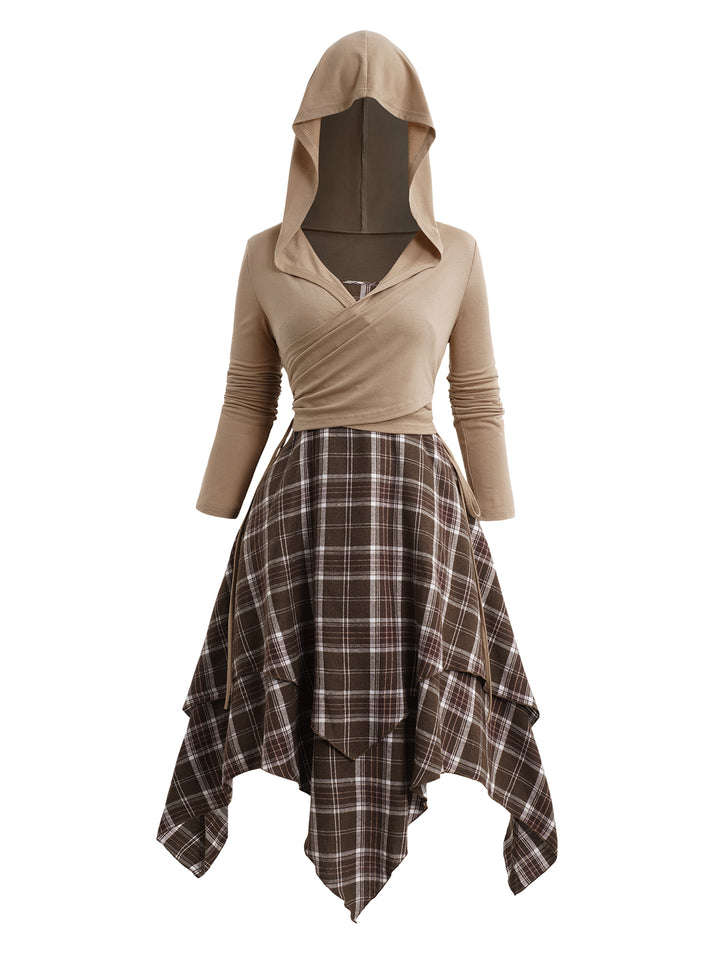 Plaid Print Layered Handkerchief Cami Dress And Cinched Surplice Hooded T-Shirt Outfit