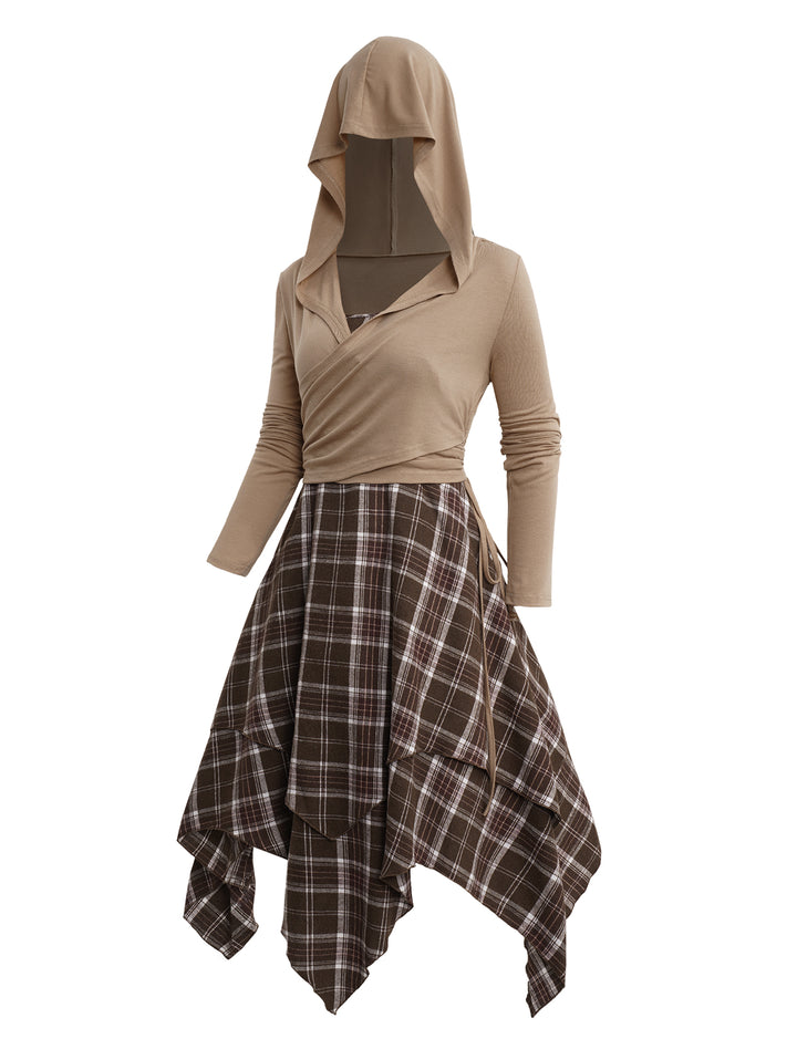 Plaid Print Layered Handkerchief Cami Dress And Cinched Surplice Hooded T-Shirt Outfit