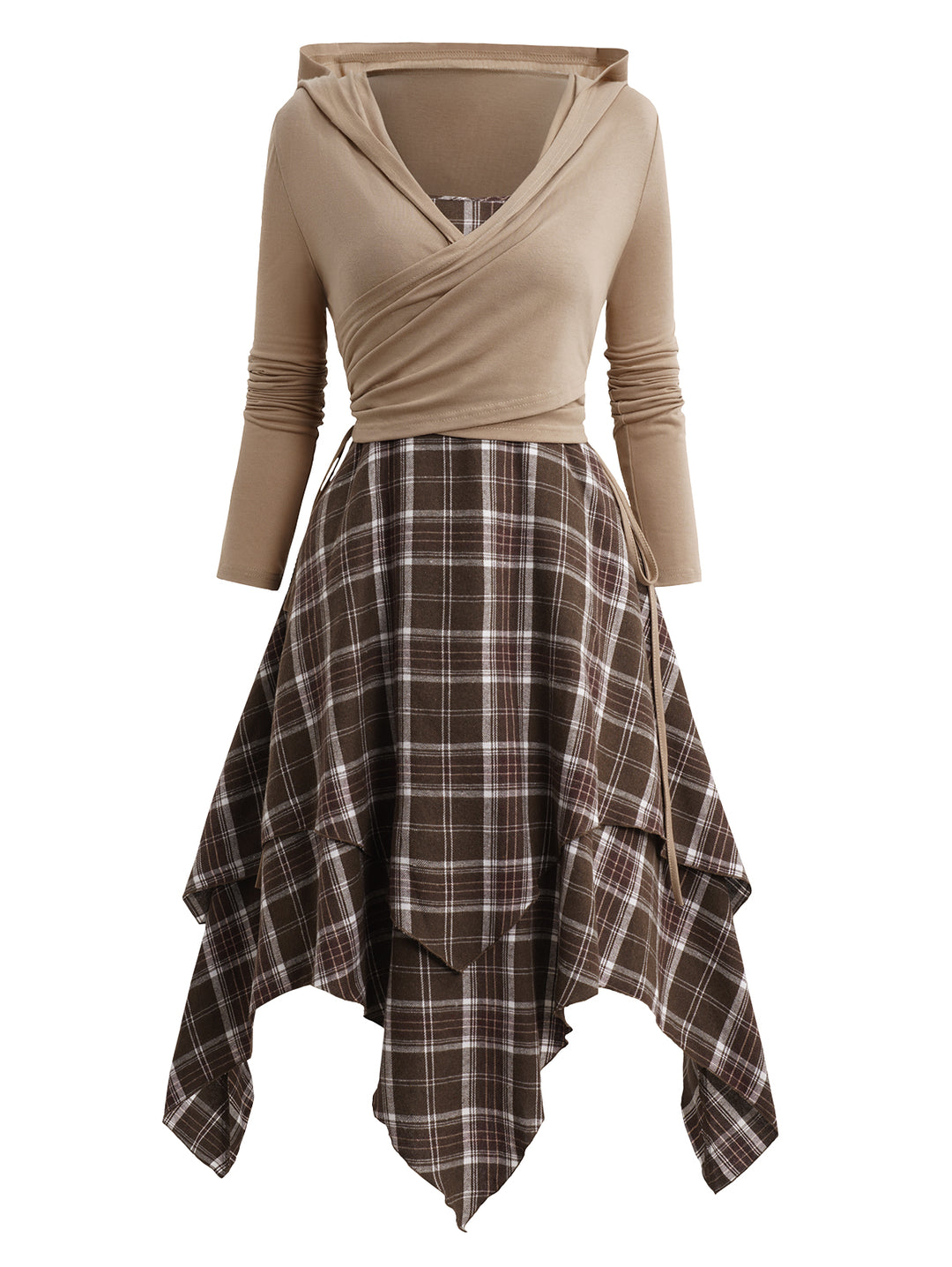 Plaid Print Layered Handkerchief Cami Dress And Cinched Surplice Hooded T-Shirt Outfit