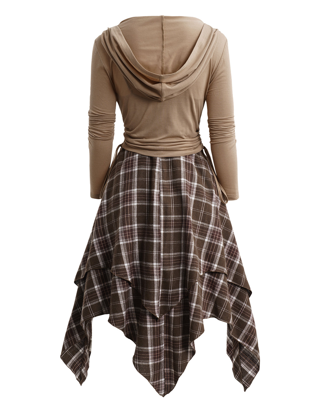 Plaid Print Layered Handkerchief Cami Dress And Cinched Surplice Hooded T-Shirt Outfit