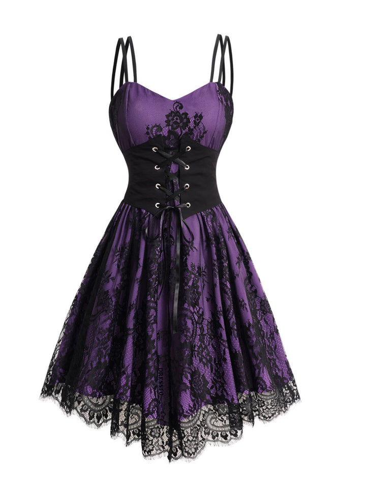 Allover Flower Print Lace Mesh with Corset Belt Double Spaghetti Strap Cami Dress