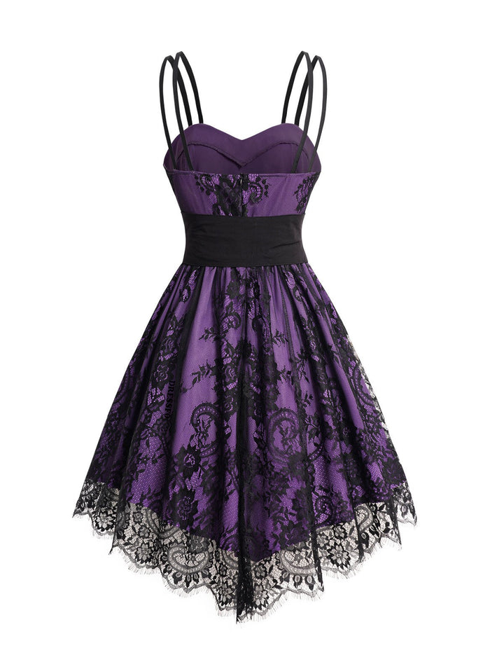 Allover Flower Print Lace Mesh with Corset Belt Double Spaghetti Strap Cami Dress