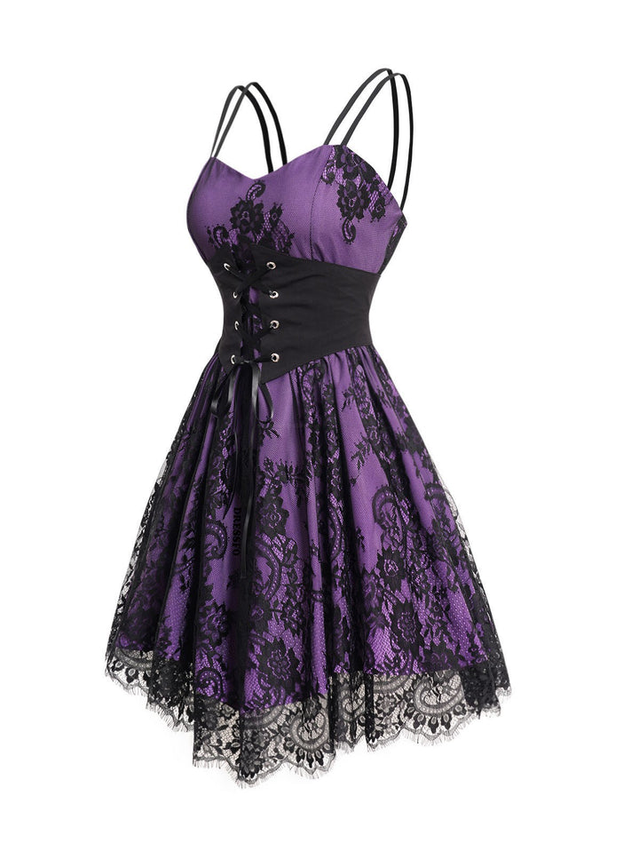 Allover Flower Print Lace Mesh with Corset Belt Double Spaghetti Strap Cami Dress