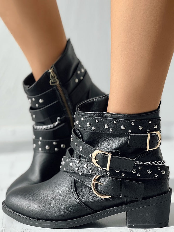 Rivet Buckle Strap Zip Up Chunky Heel Punk Boots