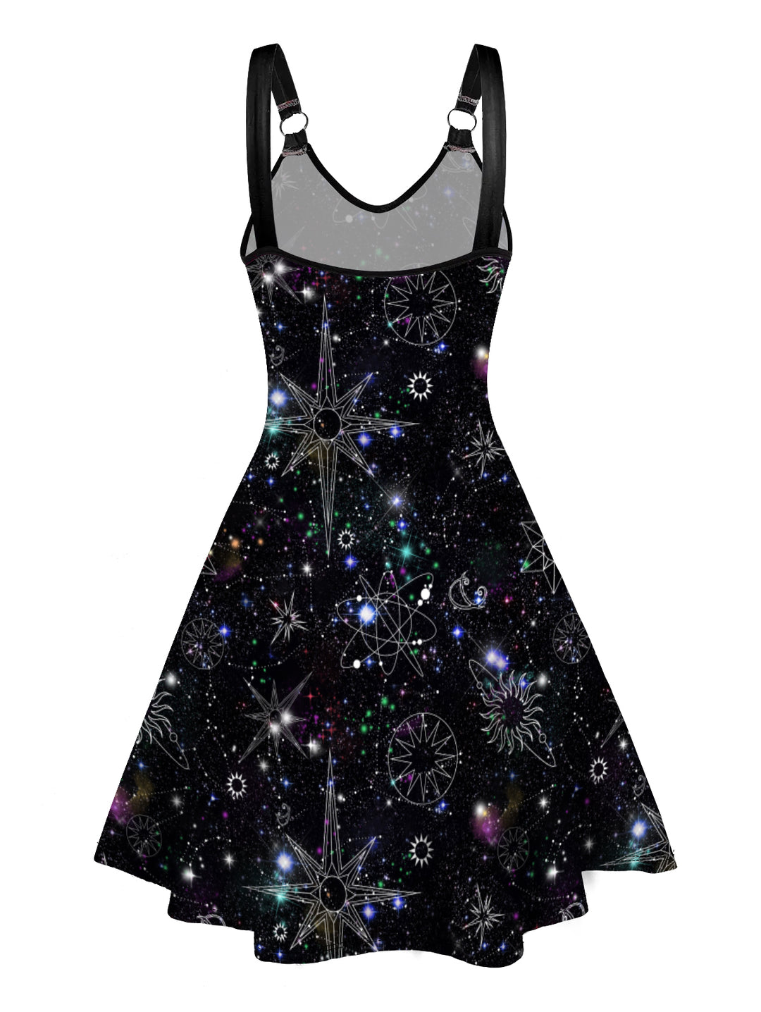 Allover Galaxy Print Straps Sleeveless O Ring V Neck Tank Dress