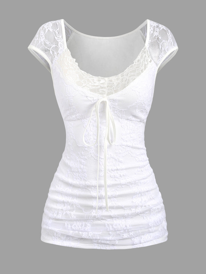 Solid Color Lace Patchwork Raglan Sleeve Drawstring Summer Tee