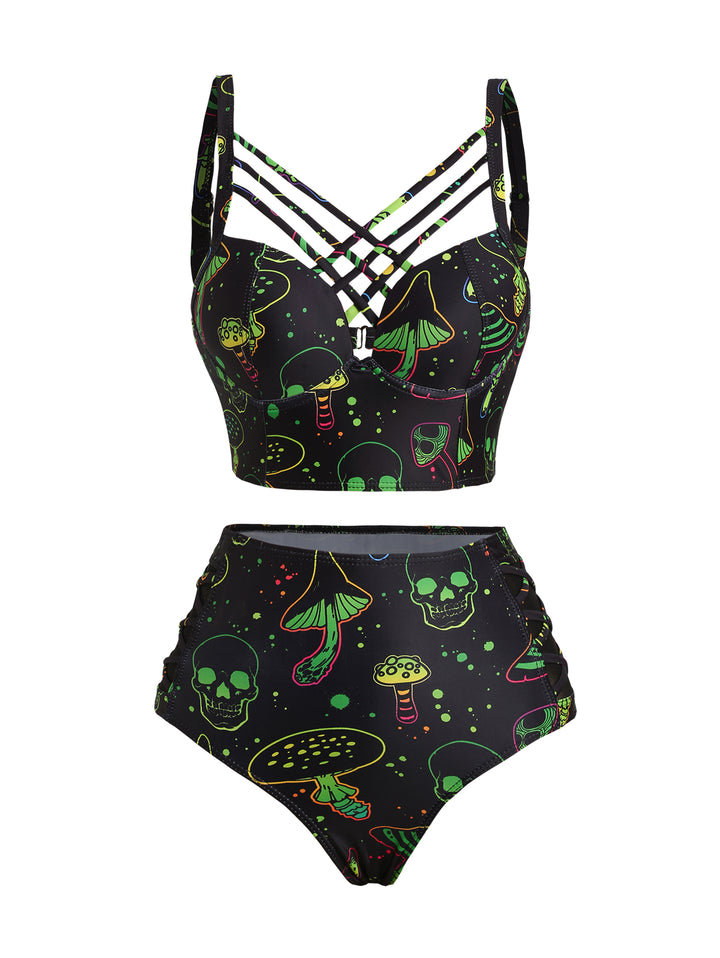 Galaxy Mushroom Skull Print Crisscross Adjustable Spaghetti Strap Triangle Bottom Bathing Suit