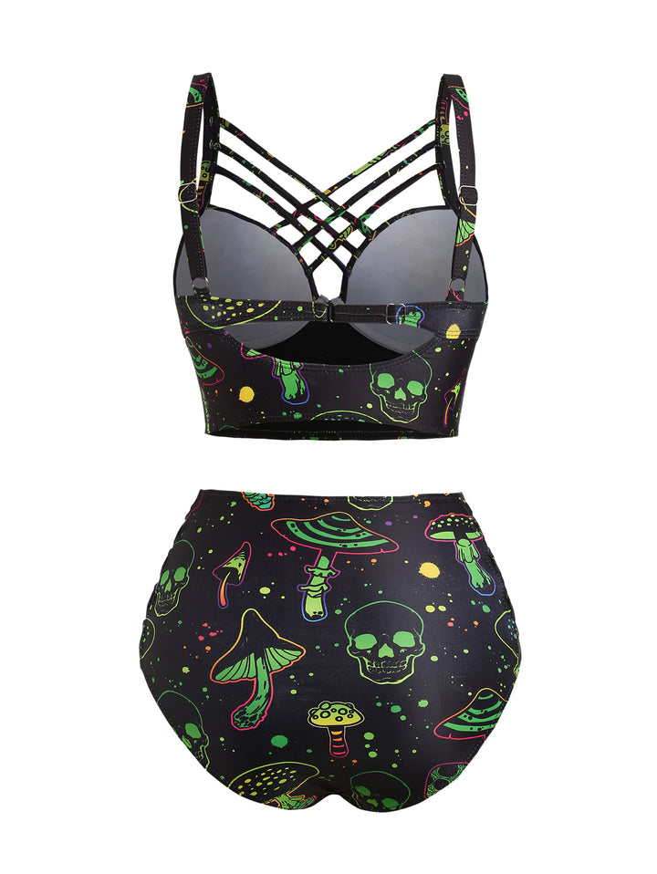 Galaxy Mushroom Skull Print Crisscross Adjustable Spaghetti Strap Triangle Bottom Bathing Suit