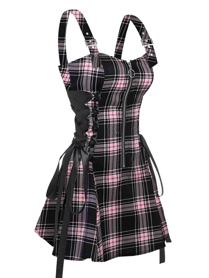 Retro Plaid Print Lace Up O Ring Half Zipper Buckle Strap Dress