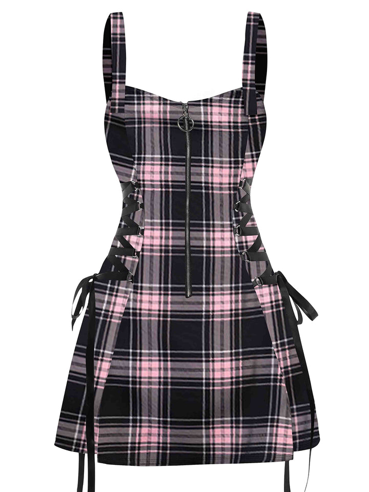 Retro Plaid Print Lace Up O Ring Half Zipper Buckle Strap Dress