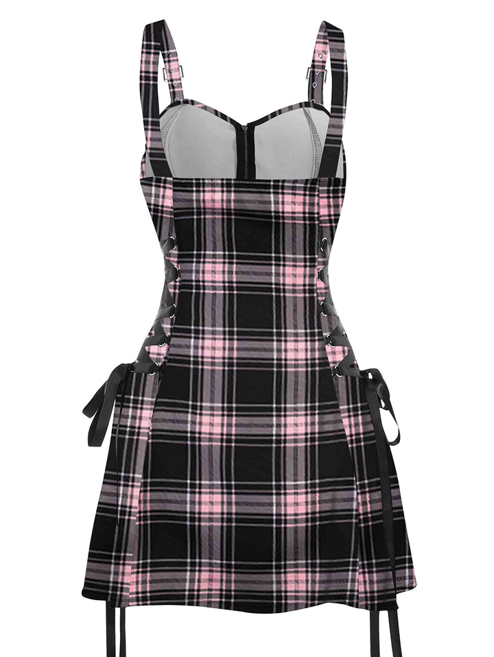 Retro Plaid Print Lace Up O Ring Half Zipper Buckle Strap Dress