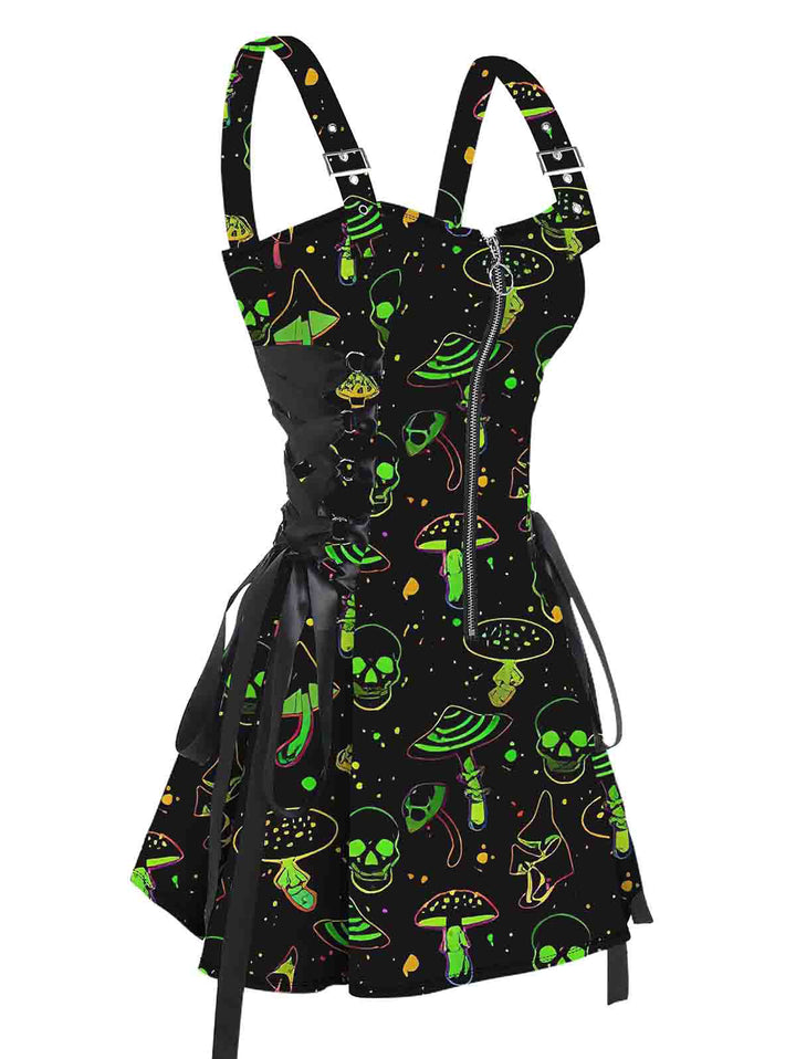 Galaxy Skull Mushroom Print Lace Up Half Zipper Adjustable Buckle Strap Dress