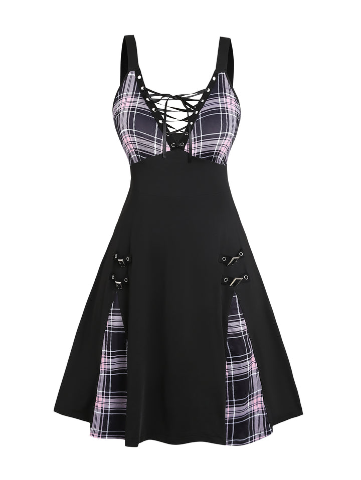 Plus Size Plaid Patchwork Lace Up Buckles Decor Dress