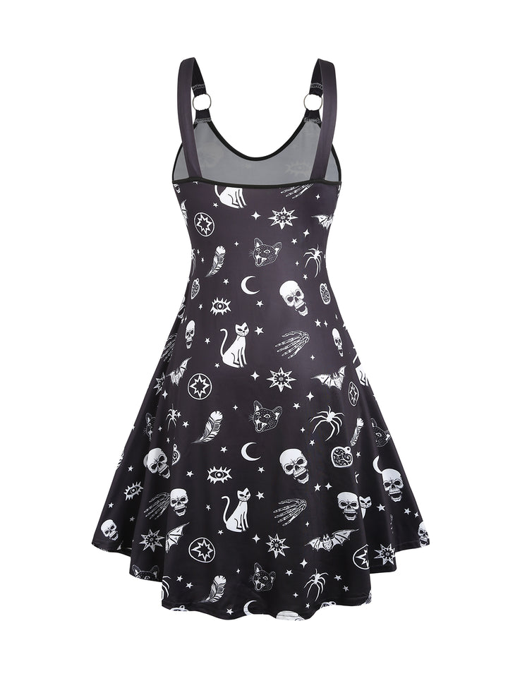 Cat Skull Feather Print V Neck O Ring Straps Tank Dress