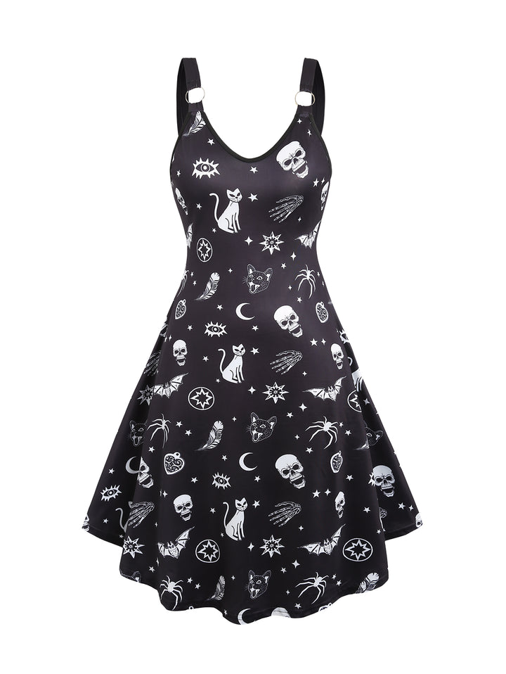 Cat Skull Feather Print V Neck O Ring Straps Tank Dress