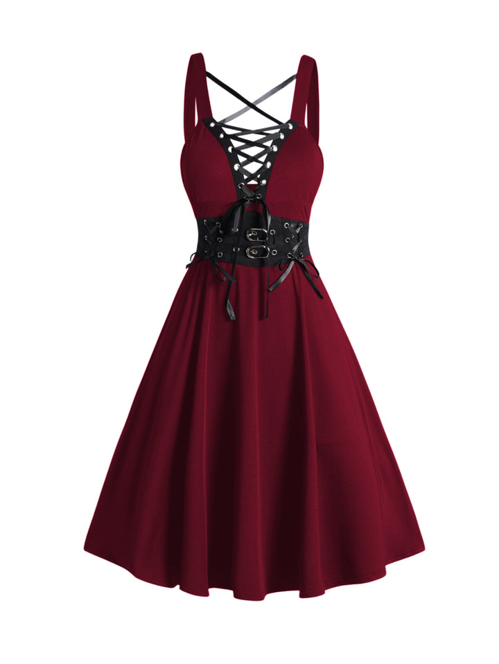 Gothic Lace Up Buckle Strap Crisscross A Line Mini Dress