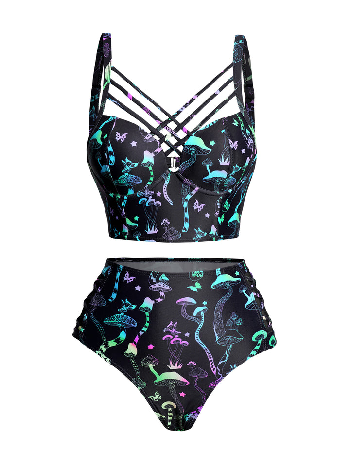 Galaxy Mushroom Skull Print Bikini Swimwear