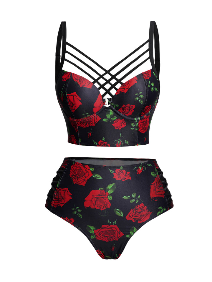 Rose Print Underwire Crisscross Bathing Costume