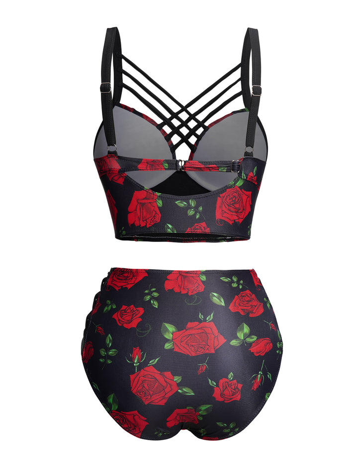 Rose Print Underwire Crisscross Bathing Costume