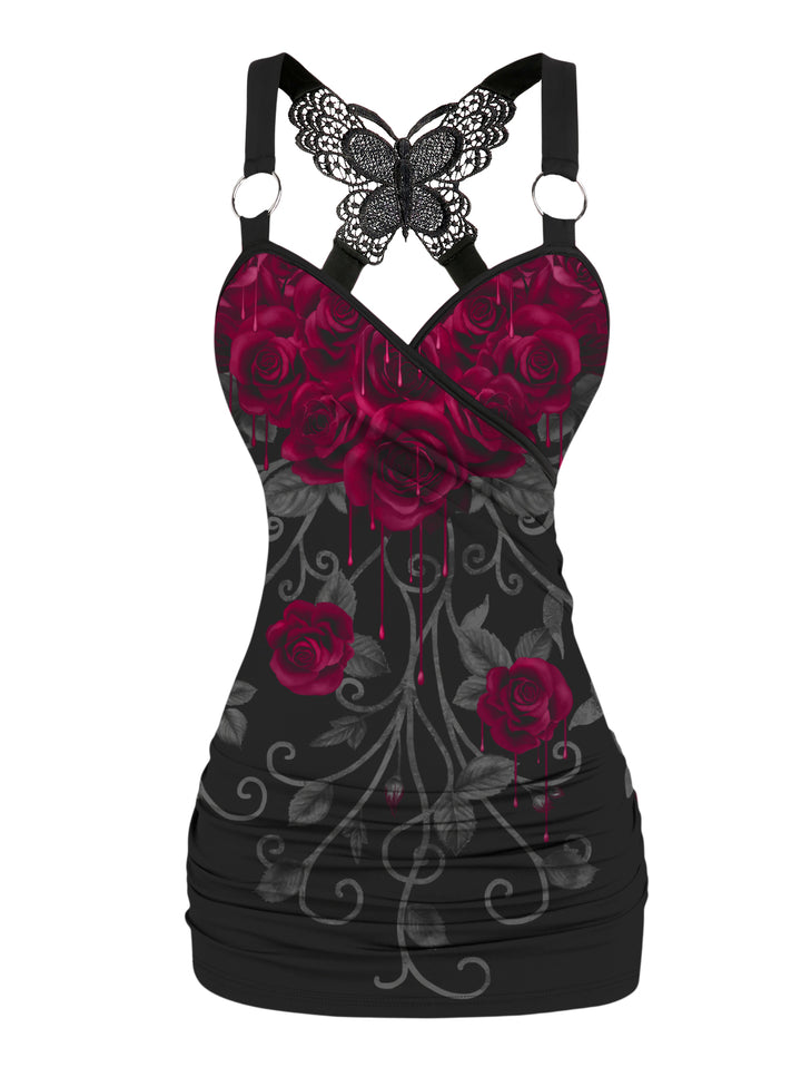 Rose Print Butterfly Lace Cross Tank Top