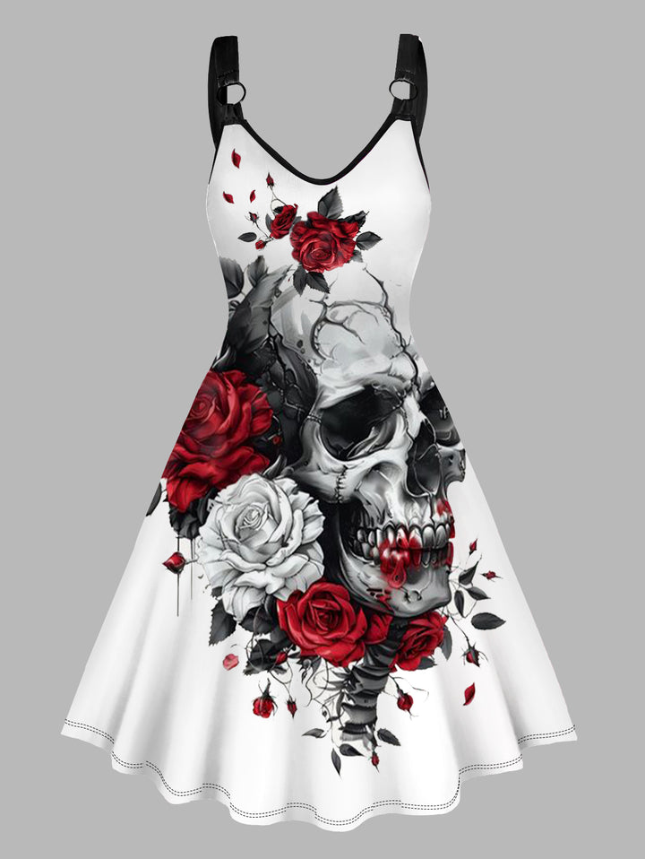 Rose Injured Skull Print Hem V Neck Dress