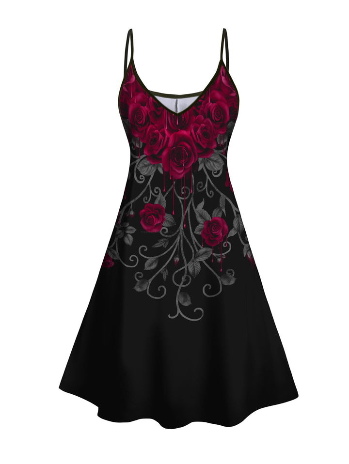 Rose Bleeding Print V Neck Sleeveless Summer Cami Dress