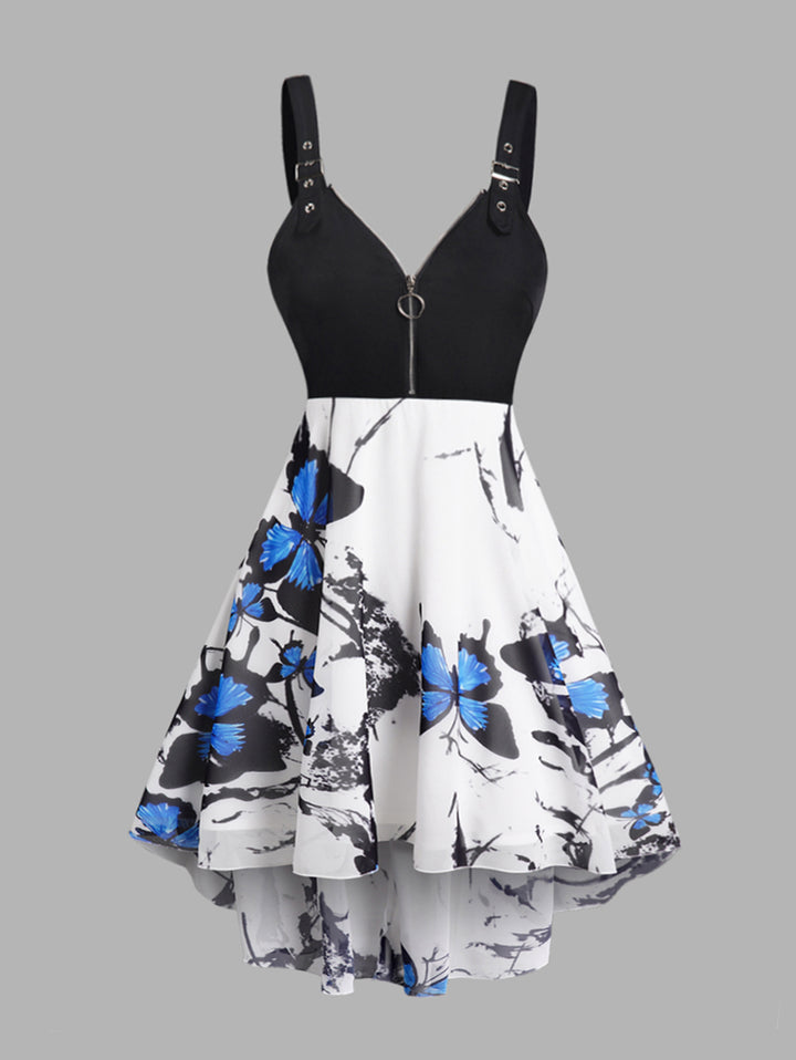 Butterfly Print High Low O Ring Zipper Buckle Strap Midi Dress