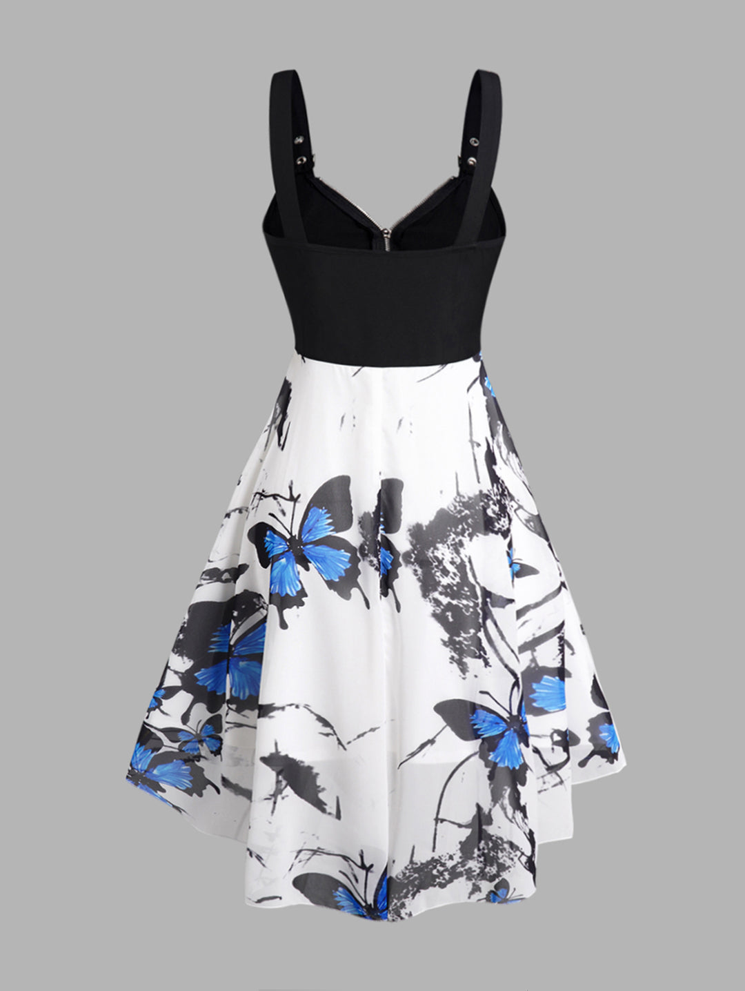 Butterfly Print High Low O Ring Zipper Buckle Strap Midi Dress