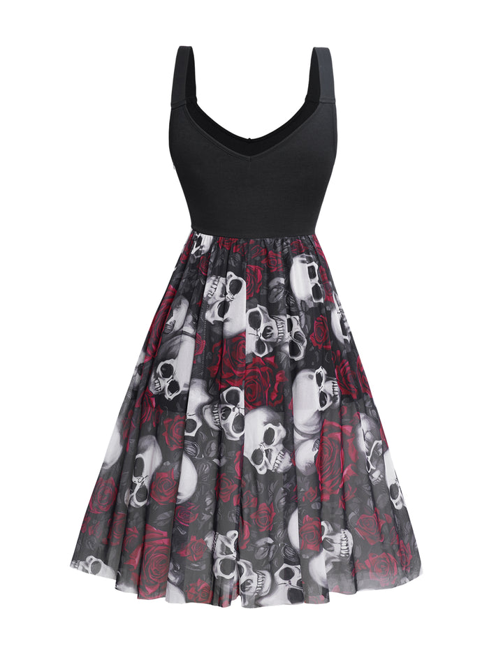 Skull Rose Grommet Buckle Design Tank Dress