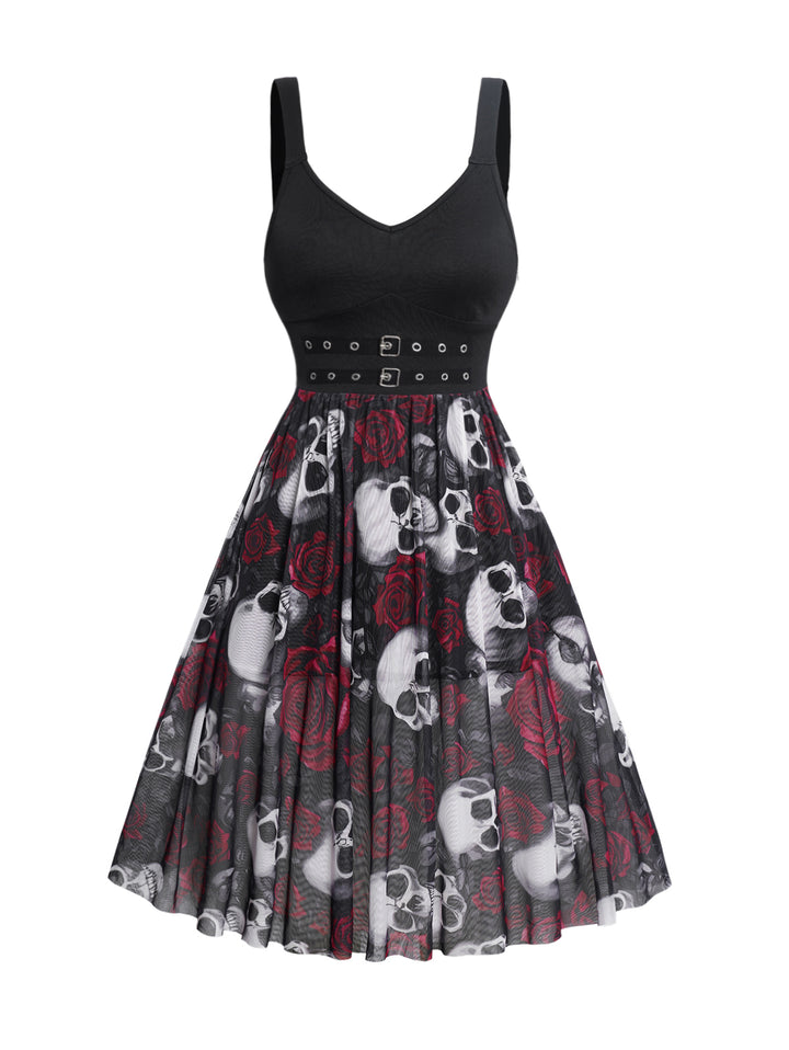 Skull Rose Grommet Buckle Design Tank Dress