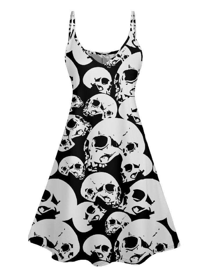 Skull Print V Neck Spaghetti Strap Dress