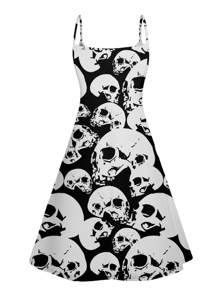 Skull Print V Neck Spaghetti Strap Dress