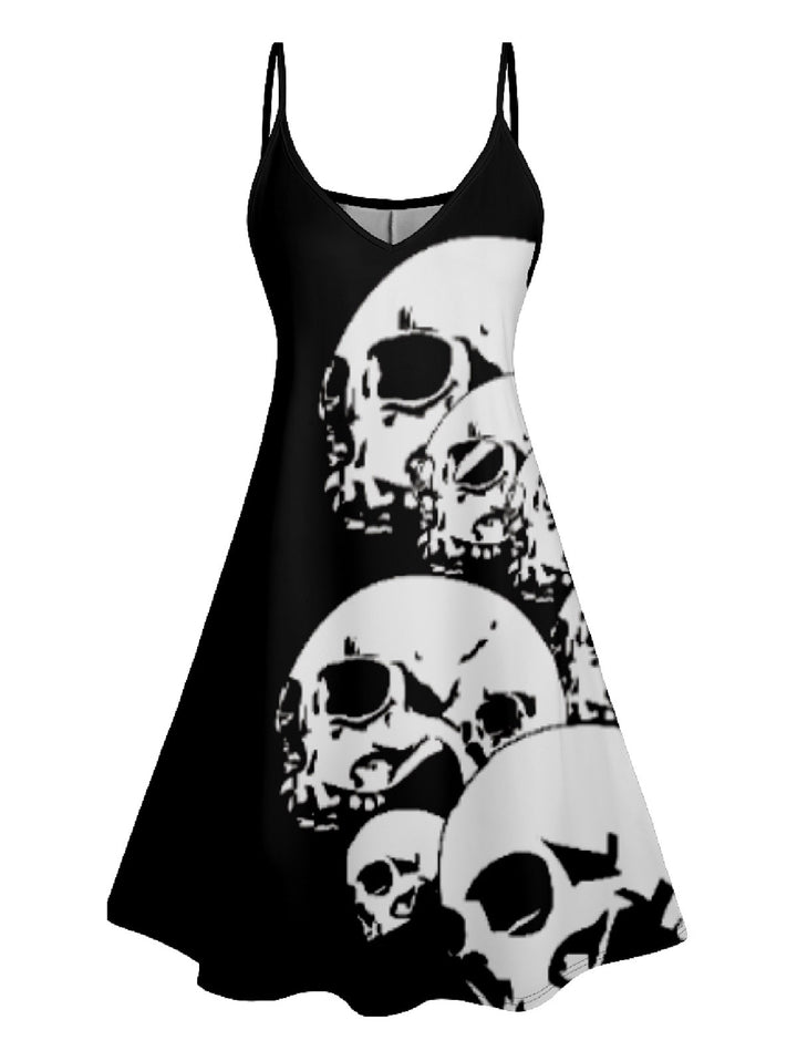 Skull Print V Neck Spaghetti Strap Dress