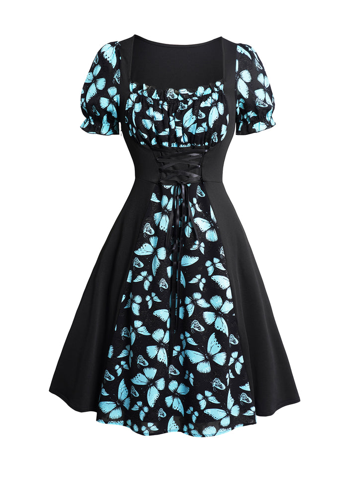 Butterfly Print Chiffon Patchwork Lace Up Ruffle Neck Dress