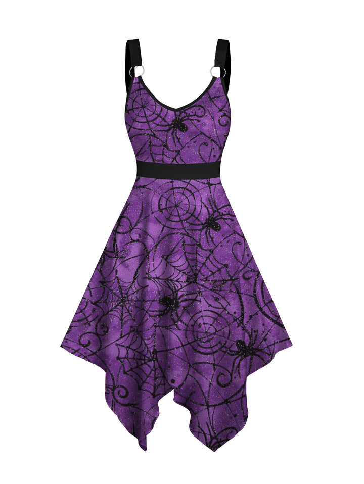 Allover Spider Web Print V Neck Handkerchief Dress