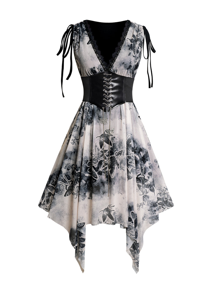 Butterfly Print Plung Neck Tie Shoulder Dress and Butterfly Chain Corset Belt Suit