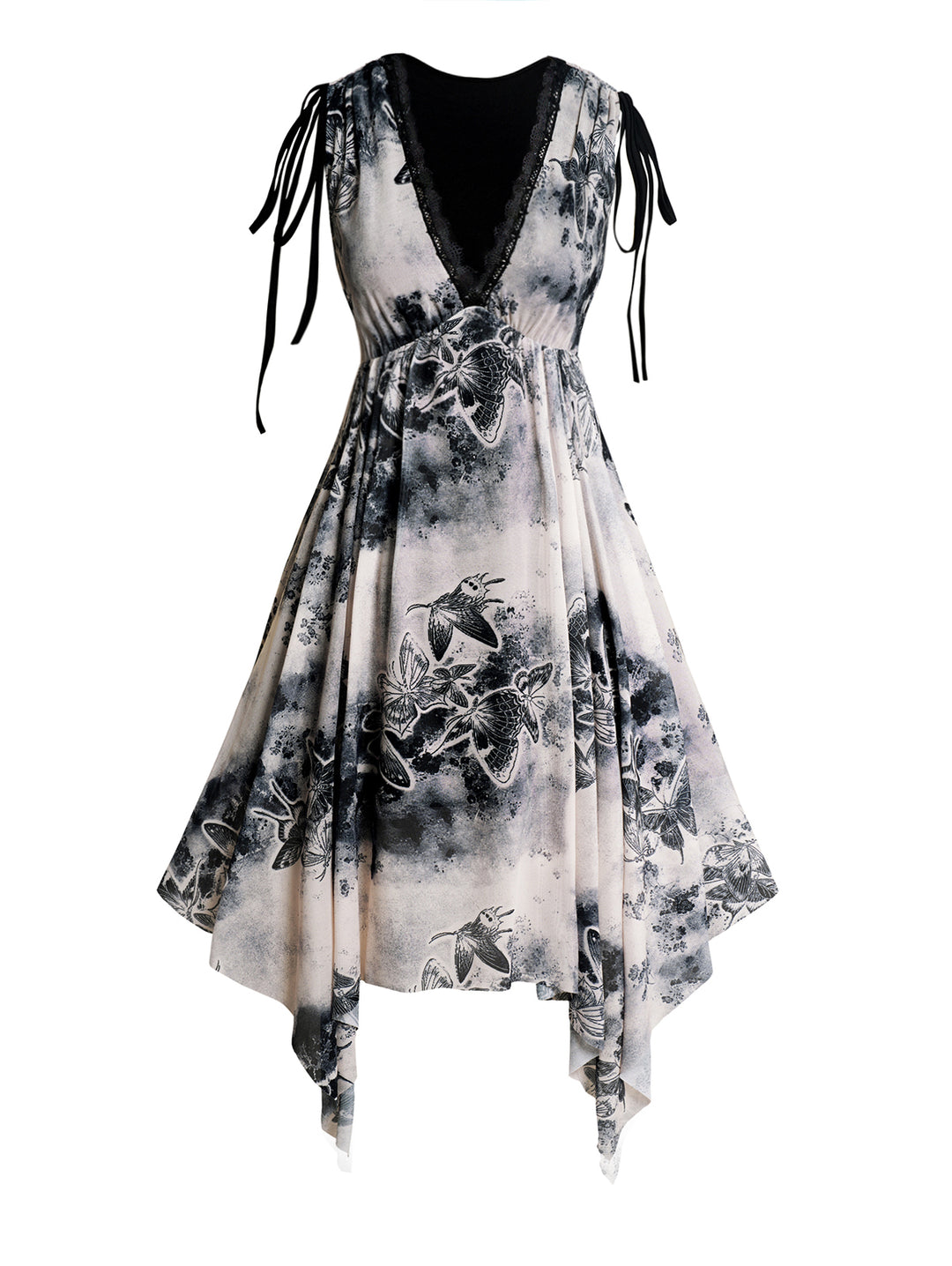 Butterfly Print Plung Neck Tie Shoulder Dress and Butterfly Chain Corset Belt Suit