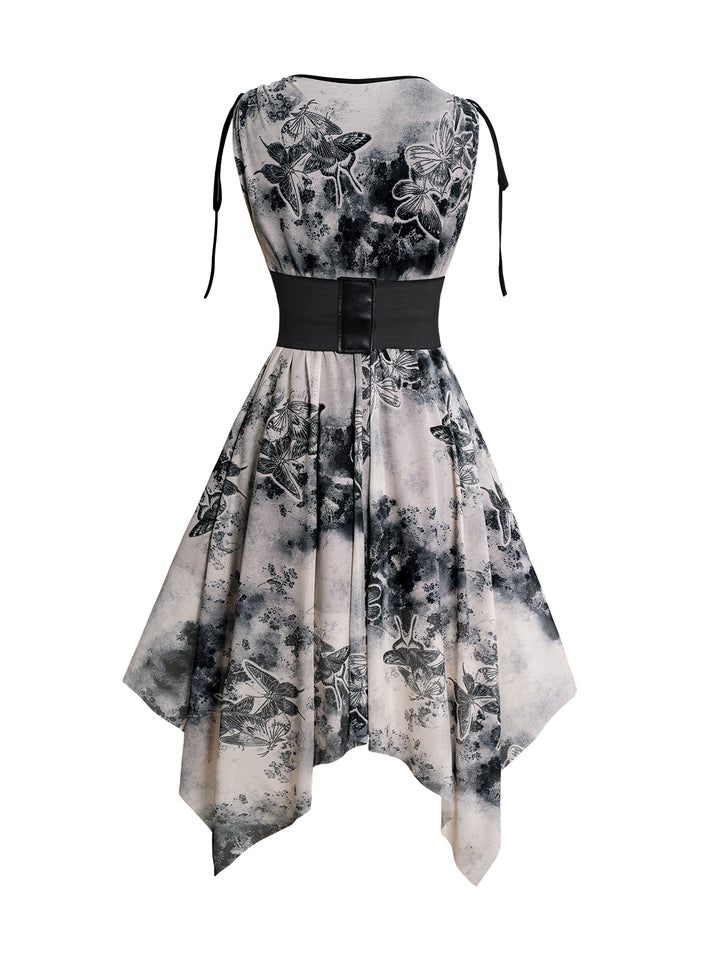 Butterfly Print Plung Neck Tie Shoulder Dress and Butterfly Chain Corset Belt Suit