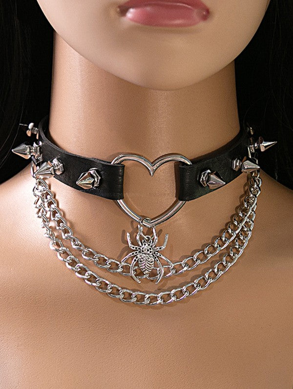 Gothic Love Heart Ring Rivet Decor Chains Spider Pendant Choker