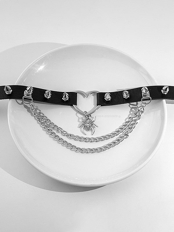 Gothic Love Heart Ring Rivet Decor Chains Spider Pendant Choker