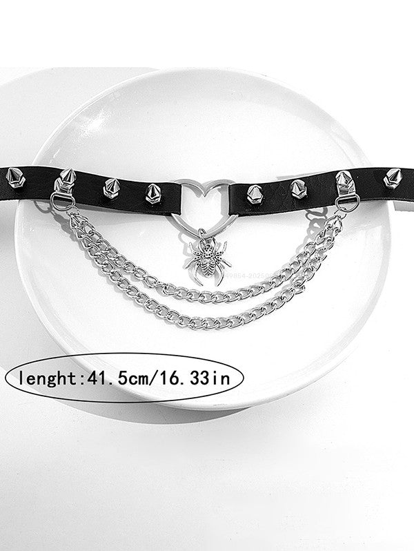 Gothic Love Heart Ring Rivet Decor Chains Spider Pendant Choker