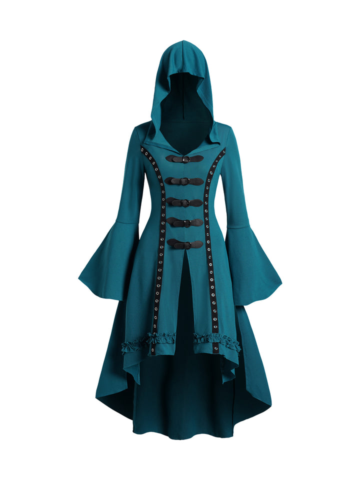 Grommet High Low Hem Buckle Flare Sleeve Frilled Gothic Hooded Top